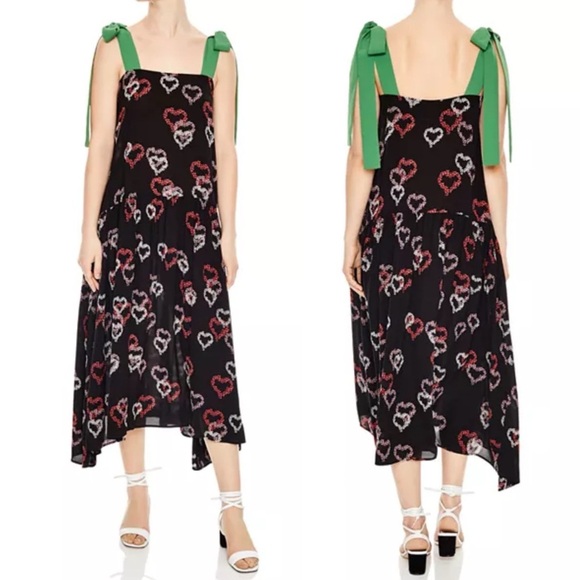 Sandro- Delicate Heart-Motif Midi Dress With Green Straps Size Medium - Picture 1 of 16